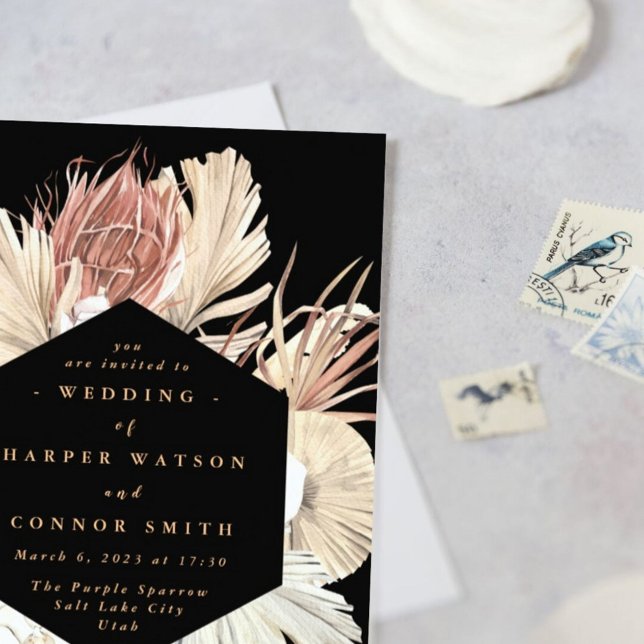 Floral Pampas Grass Tropical Jungle Black Invitation (Creator Uploaded)