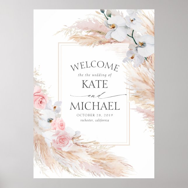 Floral Pampas Grass Tropical Wedding Welcome Poster (Front)