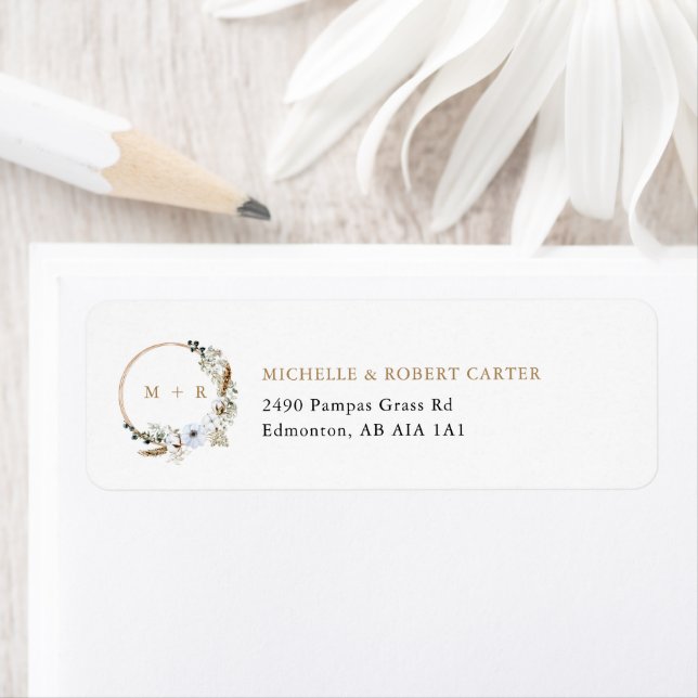 Floral Pampas Grass Wedding Boho Monogram Return Address Label (Insitu)