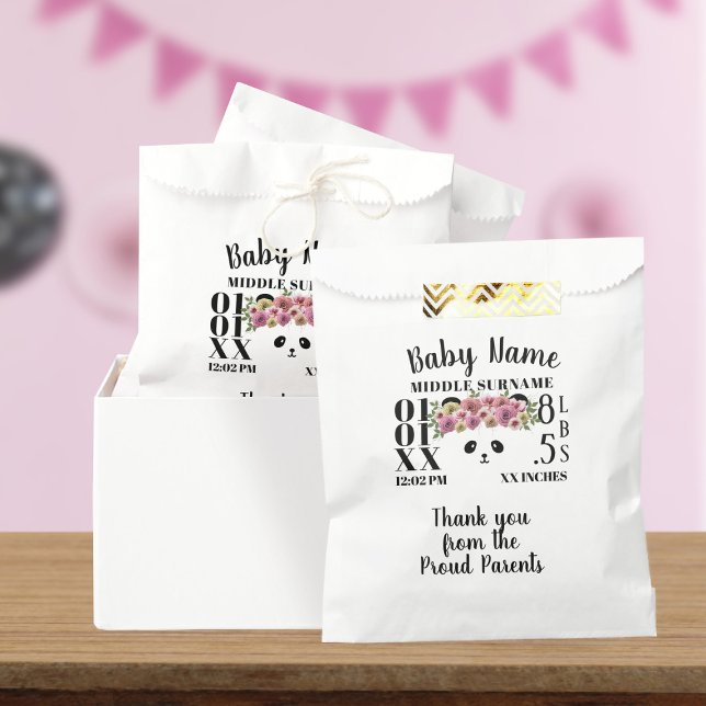 Floral Panda Bear Baby Birth Stats Favor Bag (Cute panda birth stats paper bags just for you. Add your little one's stats)