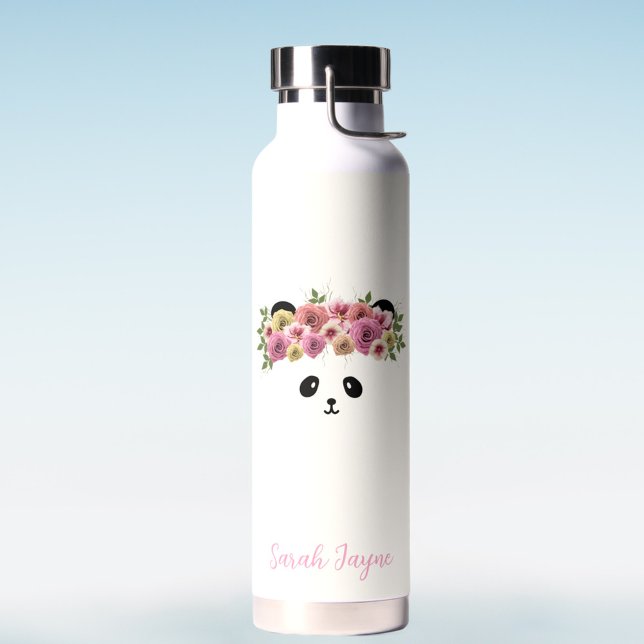 Floral Panda Bear Girl Custom Name Water Bottle (Pretty White panda water bottle with space for your name)
