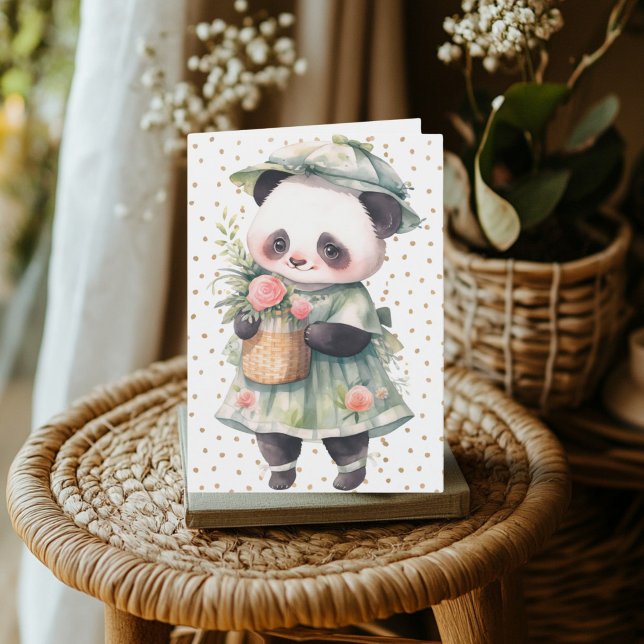 Floral Panda Birthday Card (Panda With Flower Dress Card)