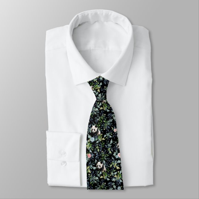 Floral Panda Pattern with Pink and Blue Roses Tie (Tied)