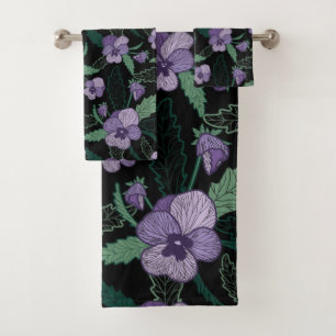 Floral Pansy with Foliage on Dark Background Bath Towel Set