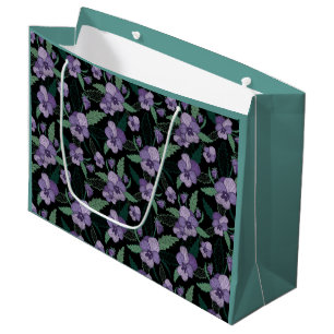 Floral Pansy with Foliage on Dark Background Large Gift Bag