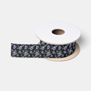 Floral Pansy with Foliage on Dark Background Satin Ribbon