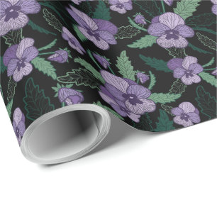 Floral Pansy with Foliage on Dark Background  Wrapping Paper