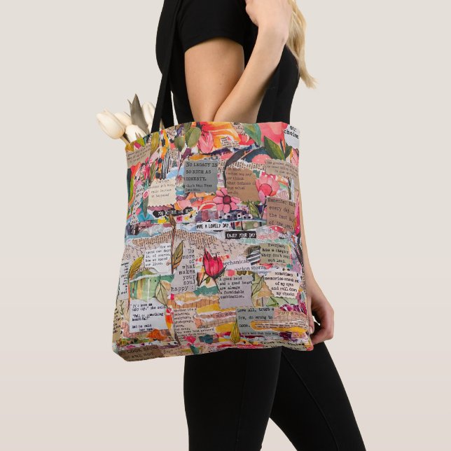 Floral Paper Collage Inspirational Words Tote Bag (Close Up)