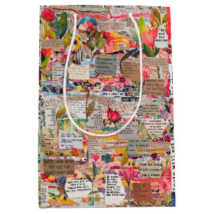 Floral Paper Collage Typography Mixed Media Medium Gift Bag