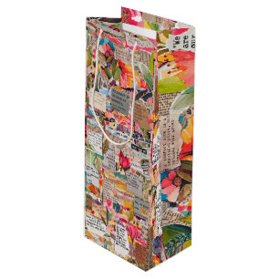 Floral Paper Collage Typography Mixed Media Wine Gift Bag