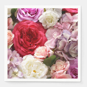 Floral paper napkins with roses and hydrangeas
