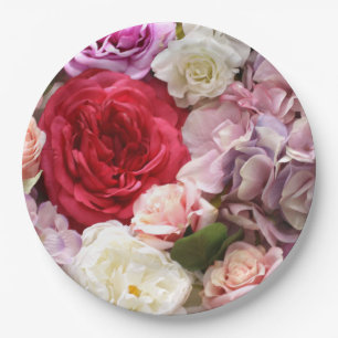 Floral paper plates with roses and hydrangeas