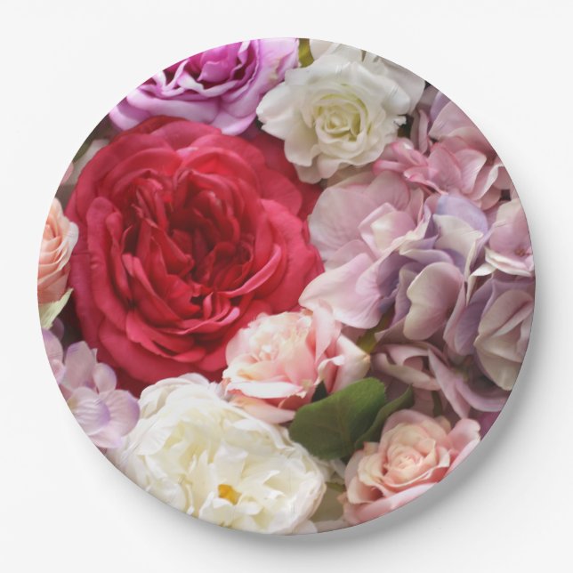 Floral paper plates with roses and hydrangeas (Front)