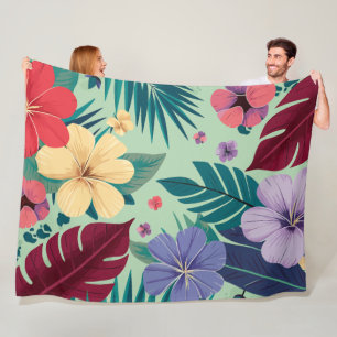 Floral Paradise : Vibrant Hibiscus & Lush Greenery Fleece Blanket