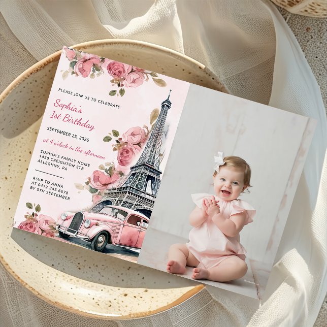 Floral Paris Eiffel Tower 1st Birthday Photo  Invitation (Creator Uploaded)
