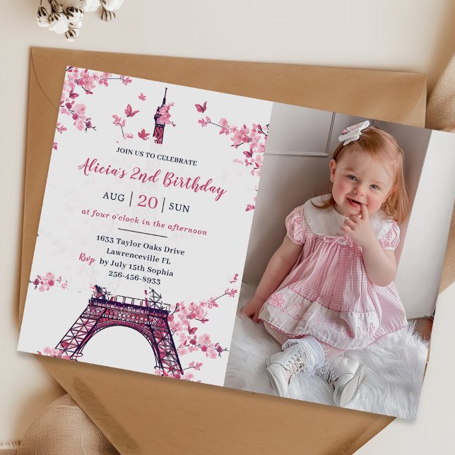 Floral Paris Eiffel Tower 2nd Birthday Party Photo Invitation (Creator Uploaded)