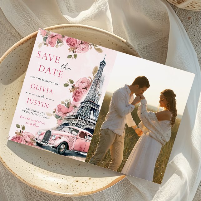 Floral Paris Eiffel Tower Save The Date Photo  Invitation (Creator Uploaded)