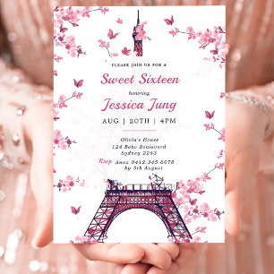 Floral Paris Eiffel Tower Sweet 16 Birthday Party Invitation