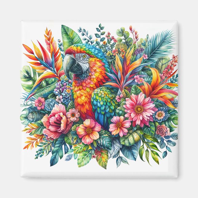 Floral Parrot Portrait Colourful Watercolor Magnet (Front)
