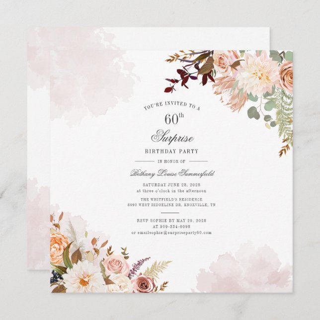 Floral Pastel 60th Birthday Script Surprise Party Invitation (Front/Back)