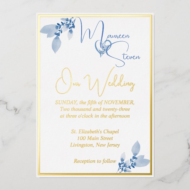 Floral Pastel Blue Wedding Gold (Front)