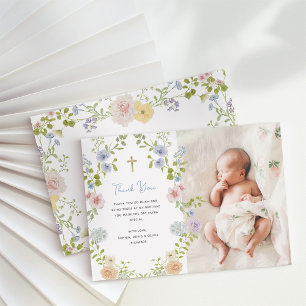 Floral Pastel Frame and Gold Cross   Baptism Thank You Card