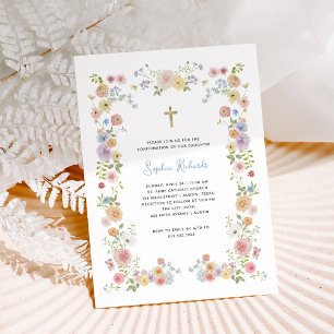 Floral Pastel Frame and Gold Cross   Confirmation Invitation