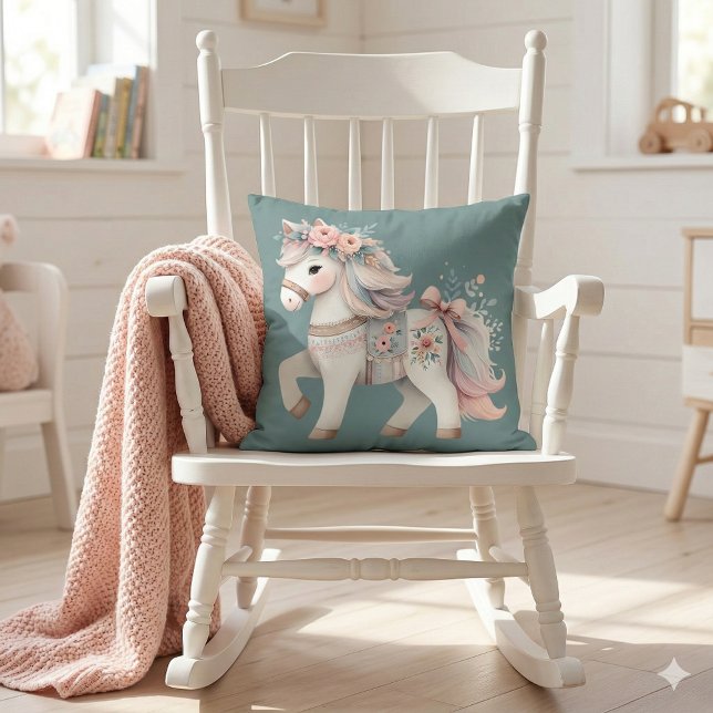 Floral Pastel Horse Fantasy Illustration Cushion (Floral Pastel Horse Fantasy Illustration Throw Pillow Mockup A)