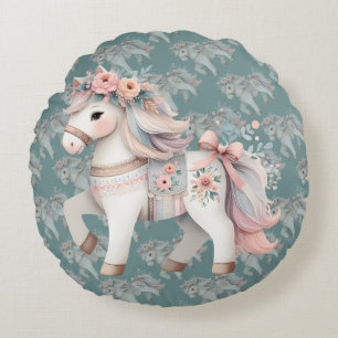 Floral Pastel Horse Fantasy Illustration Round Cushion