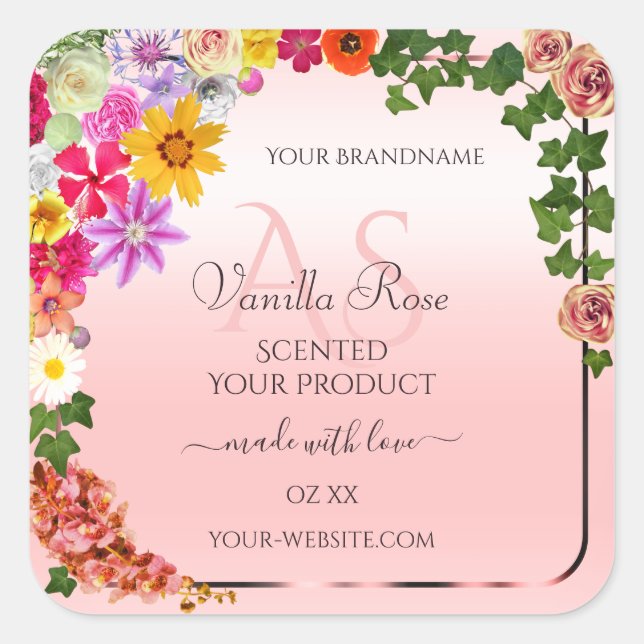 Floral Pastel Light Pink Product Labels Initials (Front)