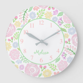 Floral Pastel Monogram Round Wall Clock