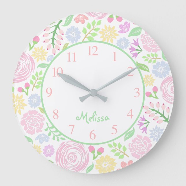 Floral Pastel Monogram Round Wall Clock (Front)