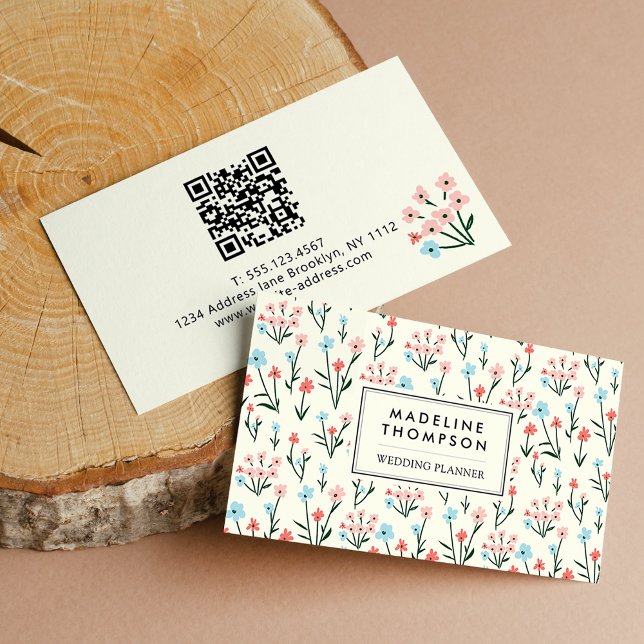 Floral Pastel Pink Blue Flowers Pattern QR Code Business Card (Creator Uploaded)