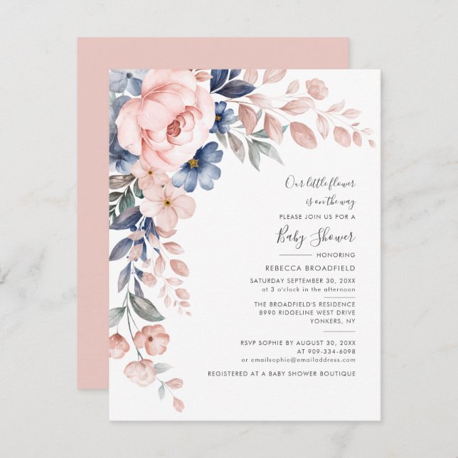 Floral Pastel Pink Blue Watercolor Baby Shower Invitation (Front/Back)