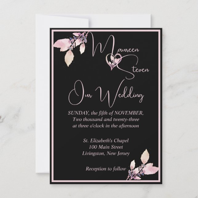 Floral Pastel Pink on Elegant Black Wedding Invitation (Front)