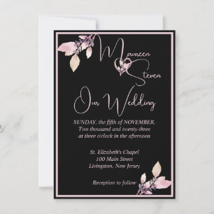 Floral Pastel Pink on Elegant Black Wedding Invitation