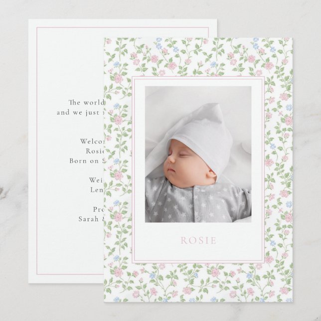 Floral Pastel Roses Baby Birth Photo Announcement  (Front/Back)