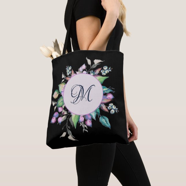 Floral Pastel Watercolor Flowers Monogram Tote Bag (Close Up)
