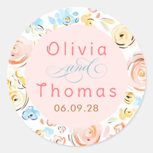 Floral Pastel Whimsical Elegant Wedding Classic Round Sticker