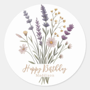 Floral Pastel Wildflowers Happy Birthday Name  Classic Round Sticker