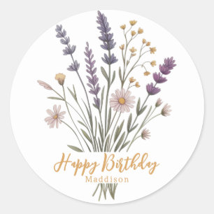 Floral Pastel Wildflowers Happy Birthday Name Classic Round Sticker