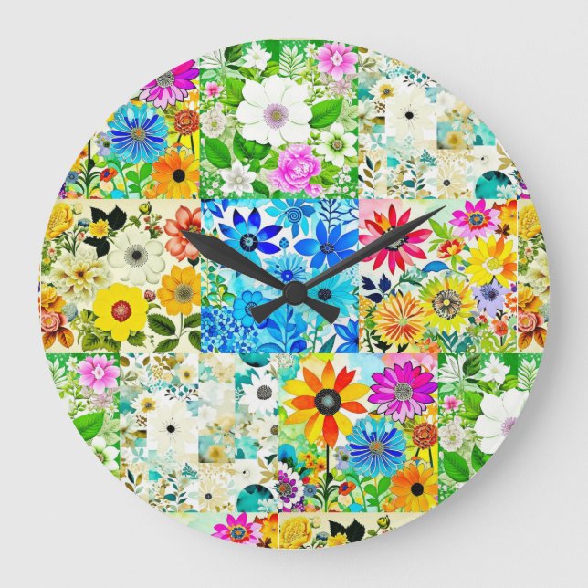 Floral Patchwork Art Watercolor Flowers Large Clock (Front)