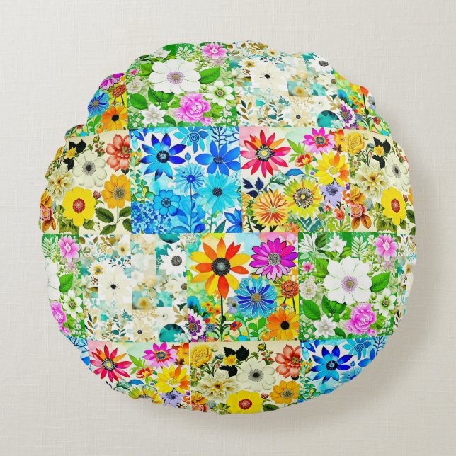Floral Patchwork Art Watercolor Flowers Round Cushion (Front)