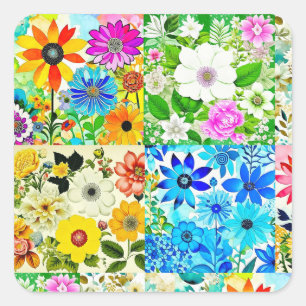 Floral Patchwork Art Watercolor Flowers Square Sticker