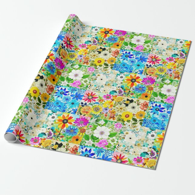 Floral Patchwork Art Watercolor Flowers Wrapping Paper (Unrolled)