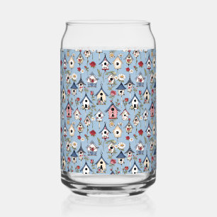 Floral Patchwork Birdhouses & Sky Blue Background Can Glass