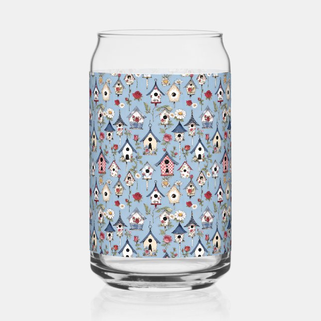 Floral Patchwork Birdhouses & Sky Blue Background Can Glass (Front)