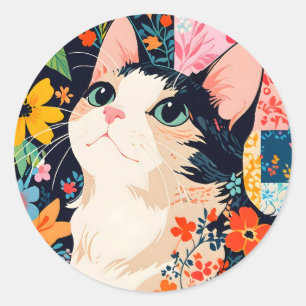 Floral Patchwork Cat Classic Round Sticker
