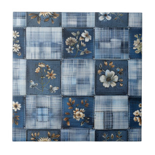 Floral Patchwork Pattern Boho Denim Ceramic Tile