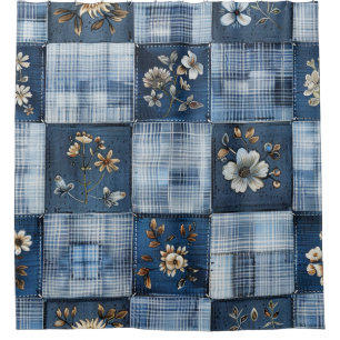 Floral Patchwork Pattern Boho Denim Shower Curtain